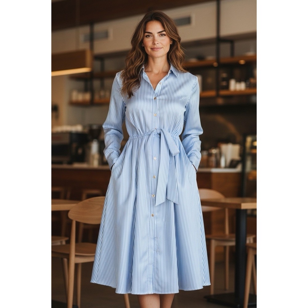 Michael Kors MR4823GBSL Dress S NWT Blueberry Stripe Belted Shirt Midi $175 NEW